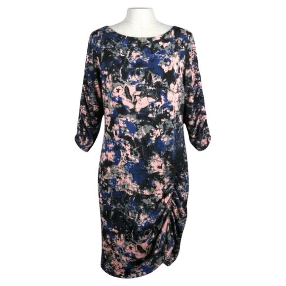 Kenneth Cole Abstract Print Ruched Sheath Dress NWT 3/4 Sleeves Blue Pink Sz L - Picture 2 of 13